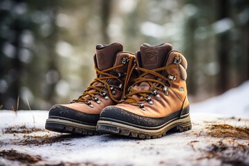 Hiking on snow - pair of hiking boots in winter landscape (Generative AI)