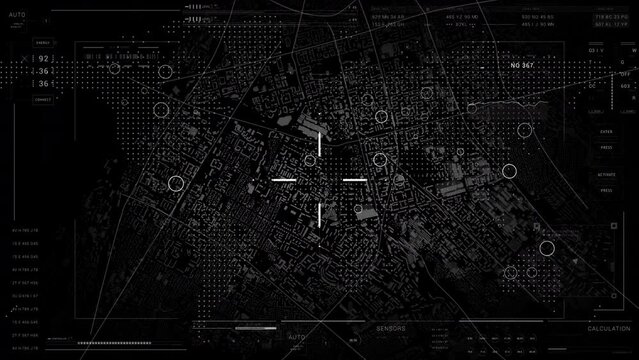 Map and city Satelite video monitoring spy detecting area.HUD 2GFX Technology Sci Fi 2D texture.User Interface data display.Control panel HUD technological infographic elements.UI