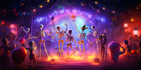 illustration of skeletons which dancing on Halloween disco party