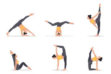 Set of backbend and split poses. Woman demonstrating yoga pose. Female yogini. Hip opener. Vector illustration isolated on the white background