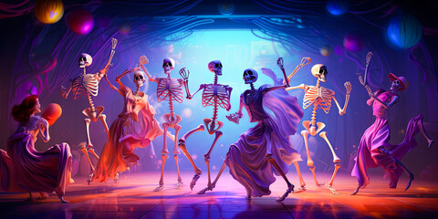 illustration of festive dressed skeletons at ball, costume Halloween party