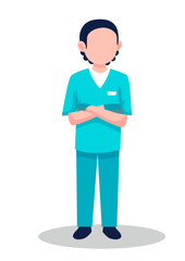 Vector illustration of young male surgeon in blue uniform and standing in arms crossed pose.
