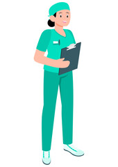 Vector illustration of assistant female surgeon in surgeon uniform and holding report in hand.
