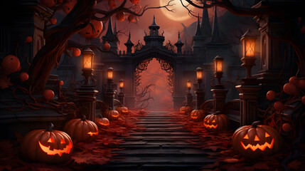 3d rendering and illustration of halloween, death, skeleton, orange, yellow, lantern, evening 