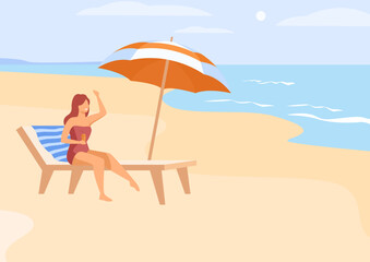 Obraz na płótnie Canvas Flat vector illustration of girl in swimming costume on the beach under umbrella holding juice glass in hand. 