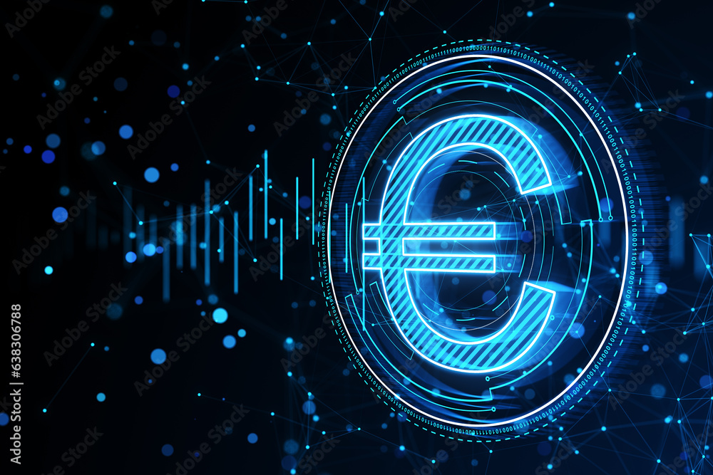 Poster creative round euro coin and polygonal mesh hologram on dark background. digital money and finance c