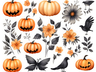 watercolour of halloween elements in white paper, pumpkin, lantern, october