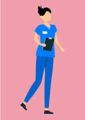 Flat illustration of female Surgeon in blue uniform holding clipboard in hand on pink background.
