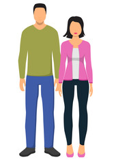 Vector illustration of faceless couple, man in green t-shirt and woman in pink top and heel shoes.
