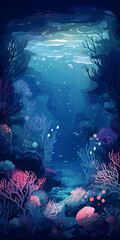 神秘的な夜のサンゴ礁の水彩イラスト