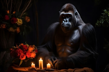 Spooky portrait of a gorilla in a Halloween setup in studio, dramatic lighting. Created with generative AI