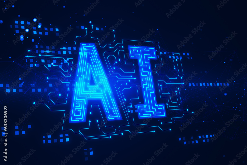 Aufkleber creative glowing digital blue polygonal ai hologram on dark backdrop. artificial intelligence, metav