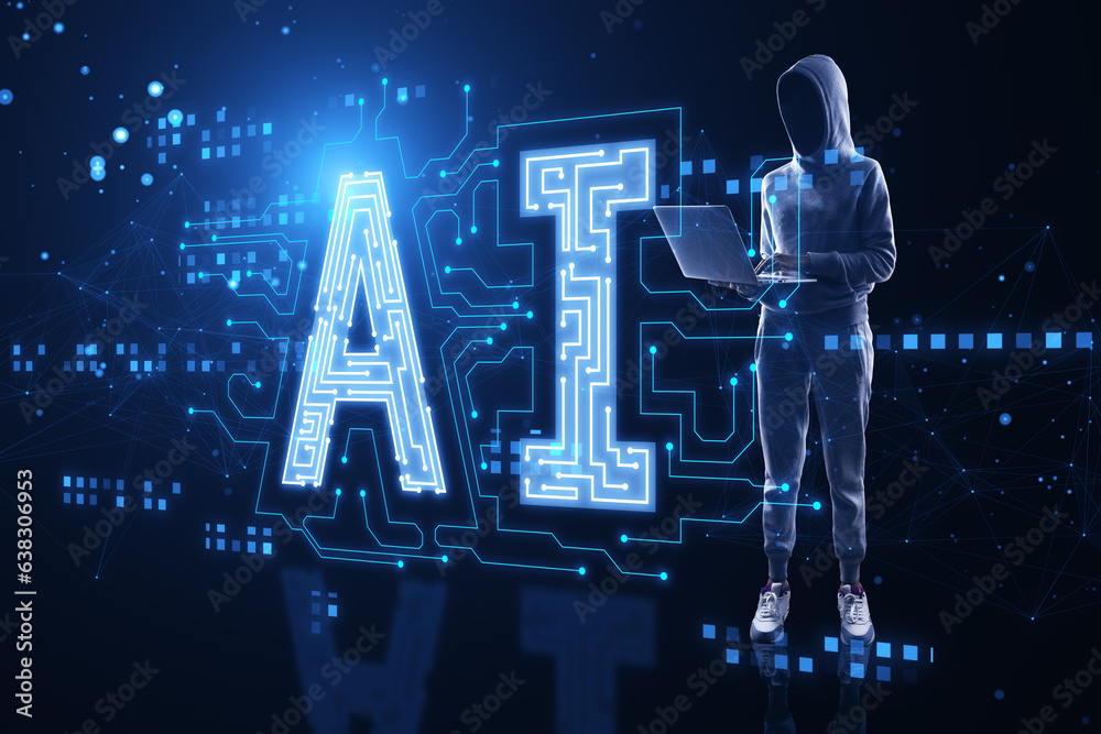 Poster Hacker using laptop with glowing digital polygonal AI hologram on dark background. Artificial intelligence, metaverse and technology concept.