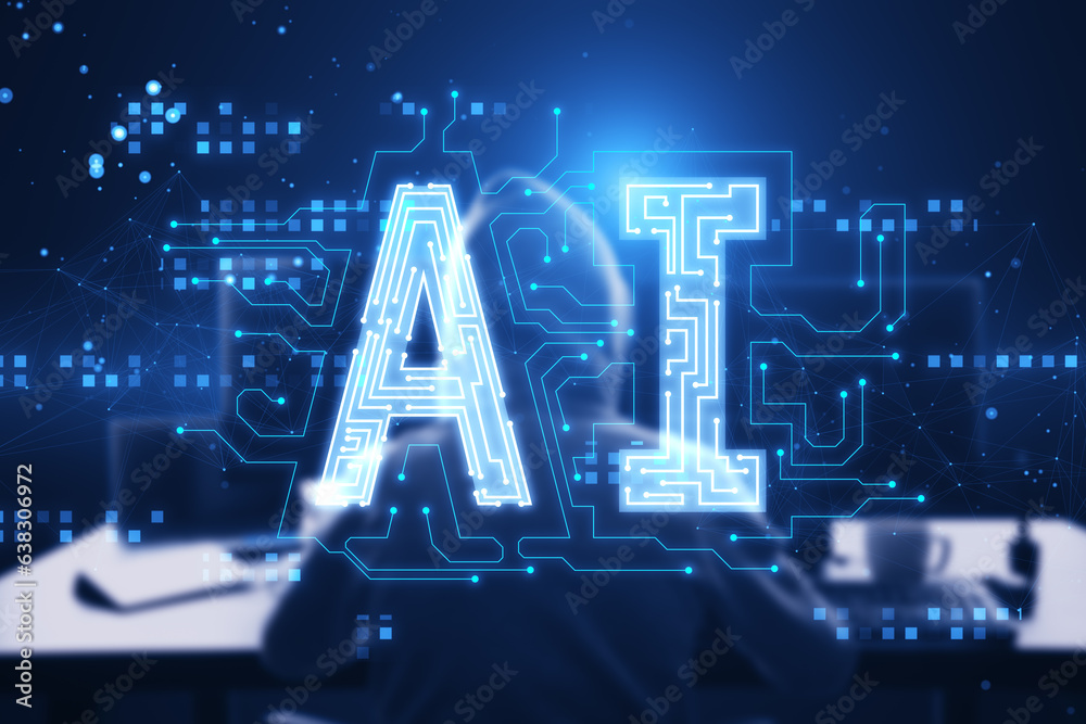 Poster Back view of hacker in hoodie using laptop at desk with glowing digital polygonal AI hologram on dark background. Artificial intelligence, metaverse and technology concept.