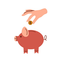Hand throws coin into piggy bank. Arm with coin. Business and finance concept. Flat vector illustration.