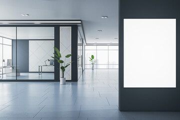 Modern spacious coworking concrete and glass office interior with empty white mock up poster on wall, equipment, furniture and panoramic window with city view. 3D Rendering.