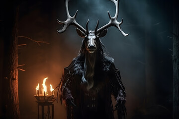 Spooky portrait of a reindeer or deer in a Halloween setup in studio, dramatic lighting. Created with generative AI