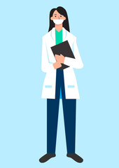 Flat illustration of young female doctor in white coat and holding file in hand on blue background.
