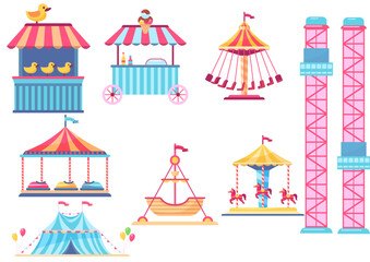 Fototapeta na wymiar Vector illustration of colorful amusement park attraction. Funfair design elements.