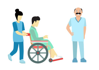Flat illustration of female nurse assisting patient on wheelchair and ward boy standing in the hospital.
