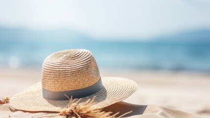 straw hat on the beach - cummer holiday concept (Generative AI)