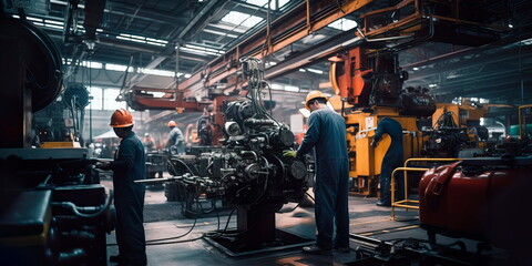 Workers inspecting and maintaining machinery in an industrial maintenance workshop Generative Ai - obrazy, fototapety, plakaty