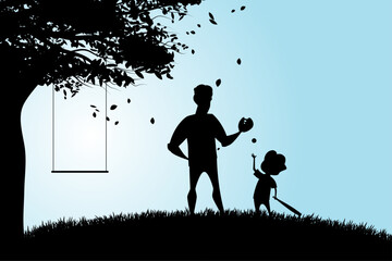 Vector illustration silhouette of nuclear family on vacation standing on top of hill with blue background and swing, trees.
