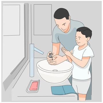 Father and son washing hands with soap cleaning together