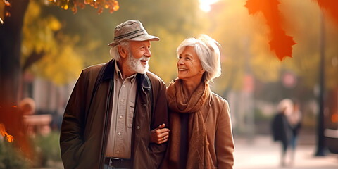 couple of elderly lovers walking along a park alley. Generative AI