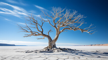 A dry, dead tree stands alone in the white desert of a barren expanse, under the blue sky. Generative AI