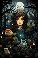 Woman Amidst the Mystical Moonlit Forest with an Owl Companion. Generative AI