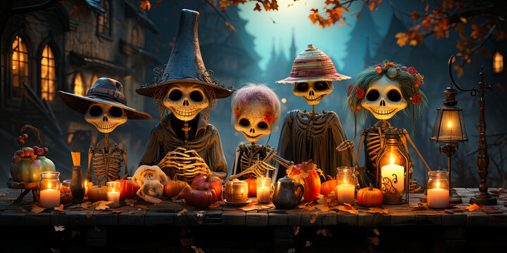 cartoon family of skeletons which sitting at the Halloween table