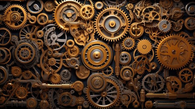 Steampunk-inspired gadgets and gears arranged in an intricate mechanical pattern | generative AI