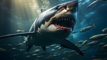 Fototapeta premium Prehistoric Majesty, Megalodon Shark Roams the Depths of the Underwater World. Generative Ai