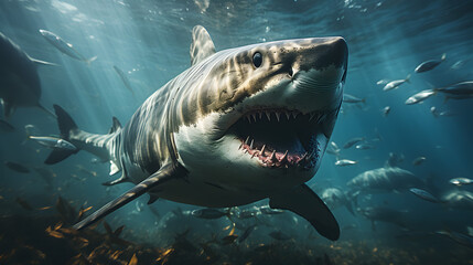 Prehistoric Majesty, Megalodon Shark Roams the Depths of the Underwater World. Generative Ai