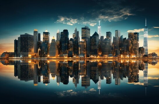 Panoramic skyline and modern commercial buildings, cityscape at night reflection on the water. Generative AI