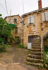 Historic residential buildings in the town of Nerezisca on Brac Island in Croatia