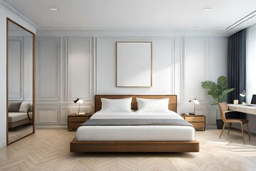 wooden frame hang above the bed on the white bedroom wall