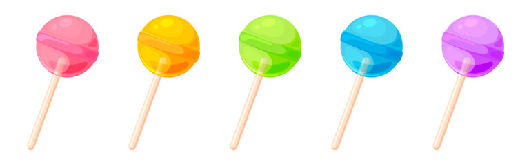 Sweet cute lollipop round on stick colorful flat set. Hard sugar candy caramel bonbon fruit berry rainbow colors glossy clear dessert holidays icon lolly cartoon snack isolated white background