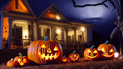 Halloween pumpkins and decorations outside a house. Night view of a house 