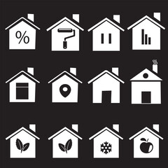 Large set of black and white vector house icons and urban buildings in assorted shapes over white for design elements