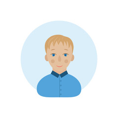 A boy with blond hair. A blue-eyed boy in a blue shirt. The avatar of the child. Smiling guy in cartoon style. Vector illustration