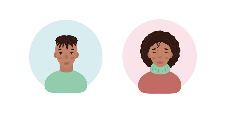 A girl and a boy. A dark-skinned girl and a boy with black hair. Avatars with images of children. Dark-skinned children. Vector illustration