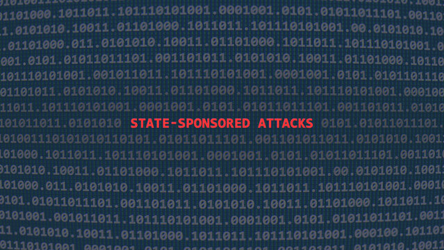 Cyber attack state-sponsored attacks. Vulnerability text in binary system ascii art style, code on editor screen. Text in English, English text