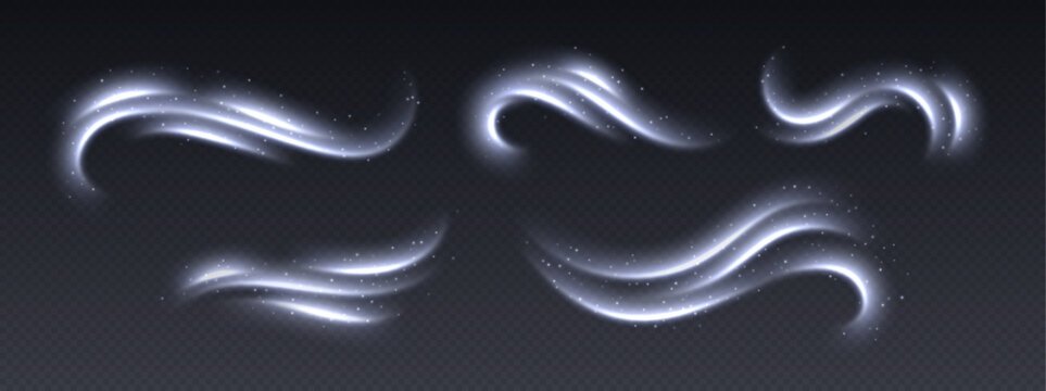 Cold wind with snow, air flow effect, winter freezing swirls, glowing light trails. Icy vapour overlay. Glowing twirls and swirls with stars. Abstract luminescent curves. Christmas vector decoration.