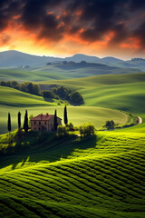 Naklejka premium Generative AI landscape illustration of Tuscany valley in Italy at sunset time