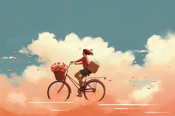 Generative AI illustration of Happy beautiful girl riding a bike with basket