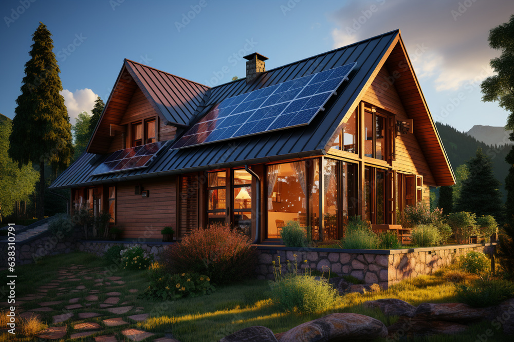 Aufkleber Close up of a new building with solar panels on the roof. Sustainable and clean energy at home.  Generative AI technology...
