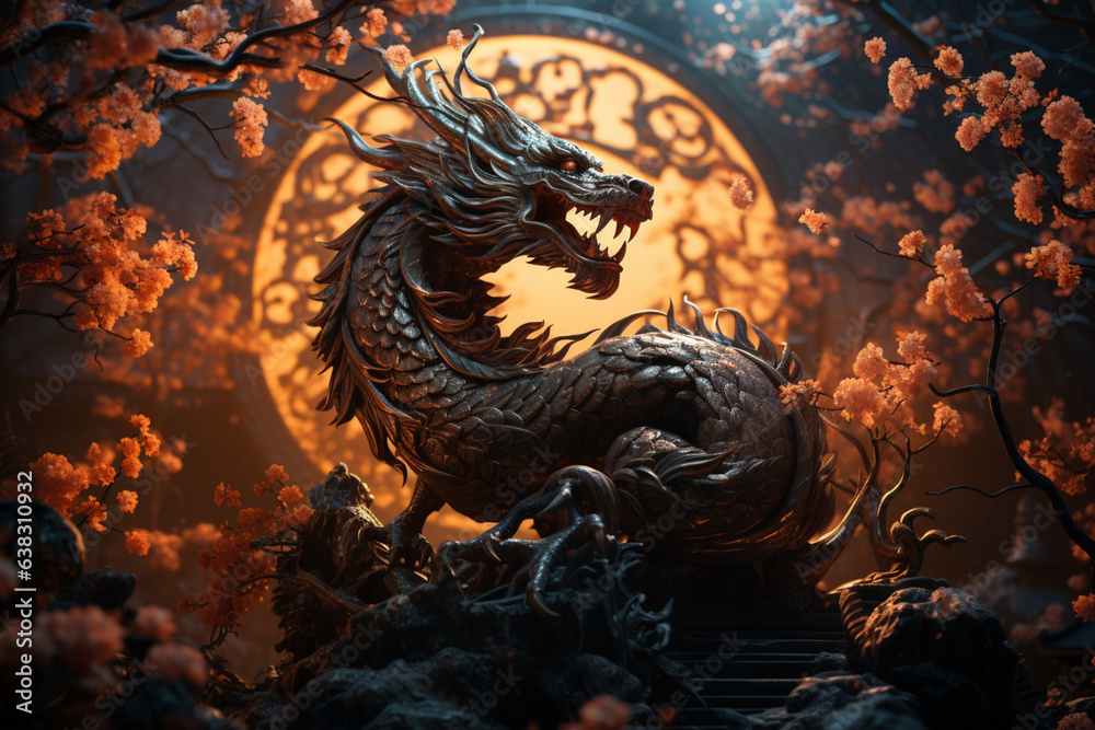 Poster the new year's dragon stands beneath a full moon, receiving lunar blessings that will guide and illu