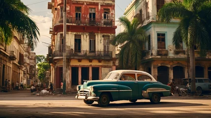 Fototapete Havana Old american car parked with havana building